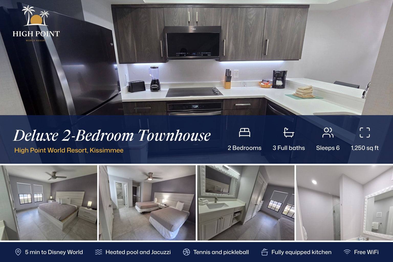 Deluxe 2-Bedroom Townhouse: the renovated kitchen above, then the primary bedroom, second bedroom, primary vanity and downstairs bathroom