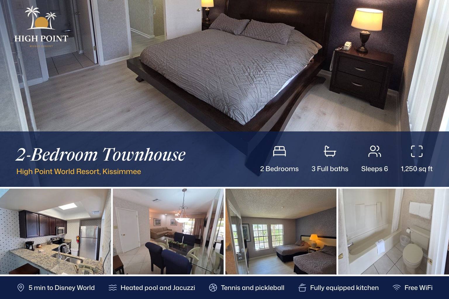 2-Bedroom Townhouse: the primary bedroom above, then the kitchen, dining and living area, second bedroom and a bathroom
