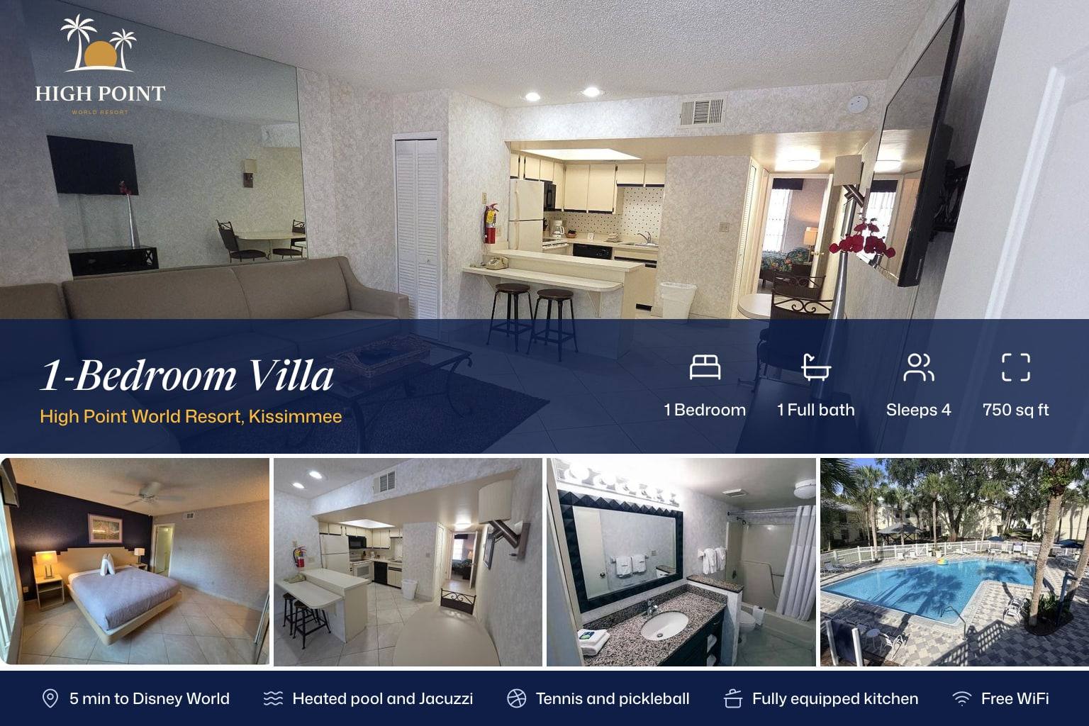 1-Bedroom Villa: the living room and kitchen above, then the bedroom, kitchen, bathroom and the resort pool